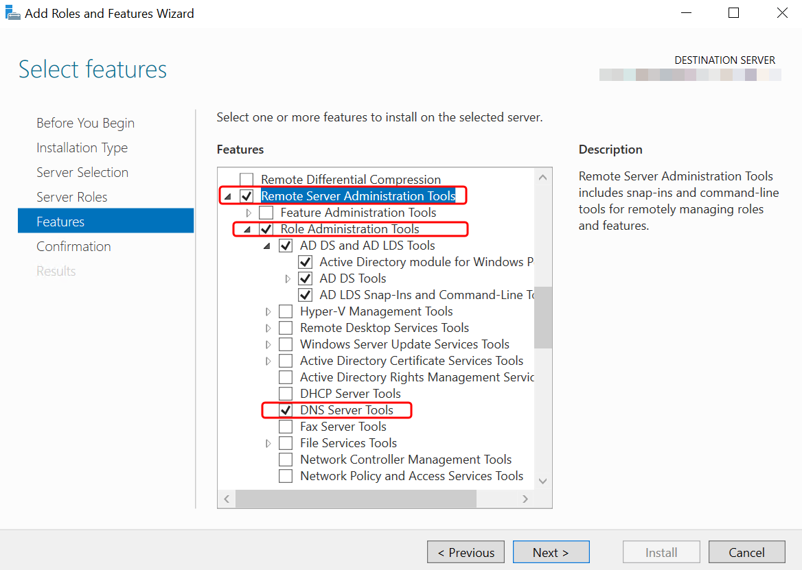Installing Microsoft AD Tools, the Add Roles and Features Wizard Features Tree with tools selected.