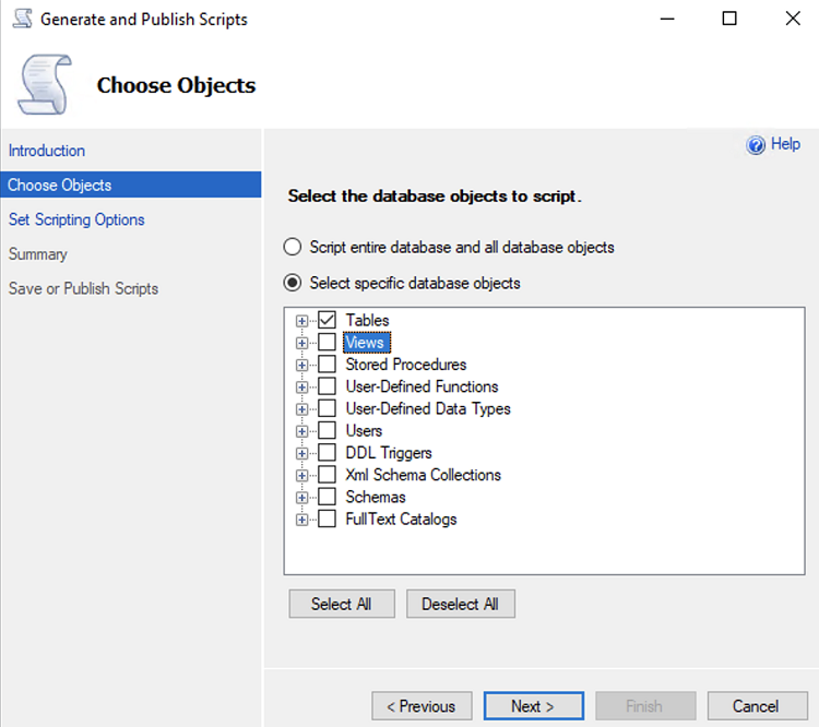 Microsoft Generate and Publish Scripts wizard