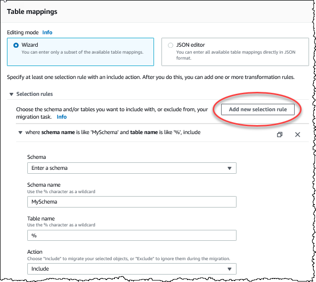 Schema and table selection