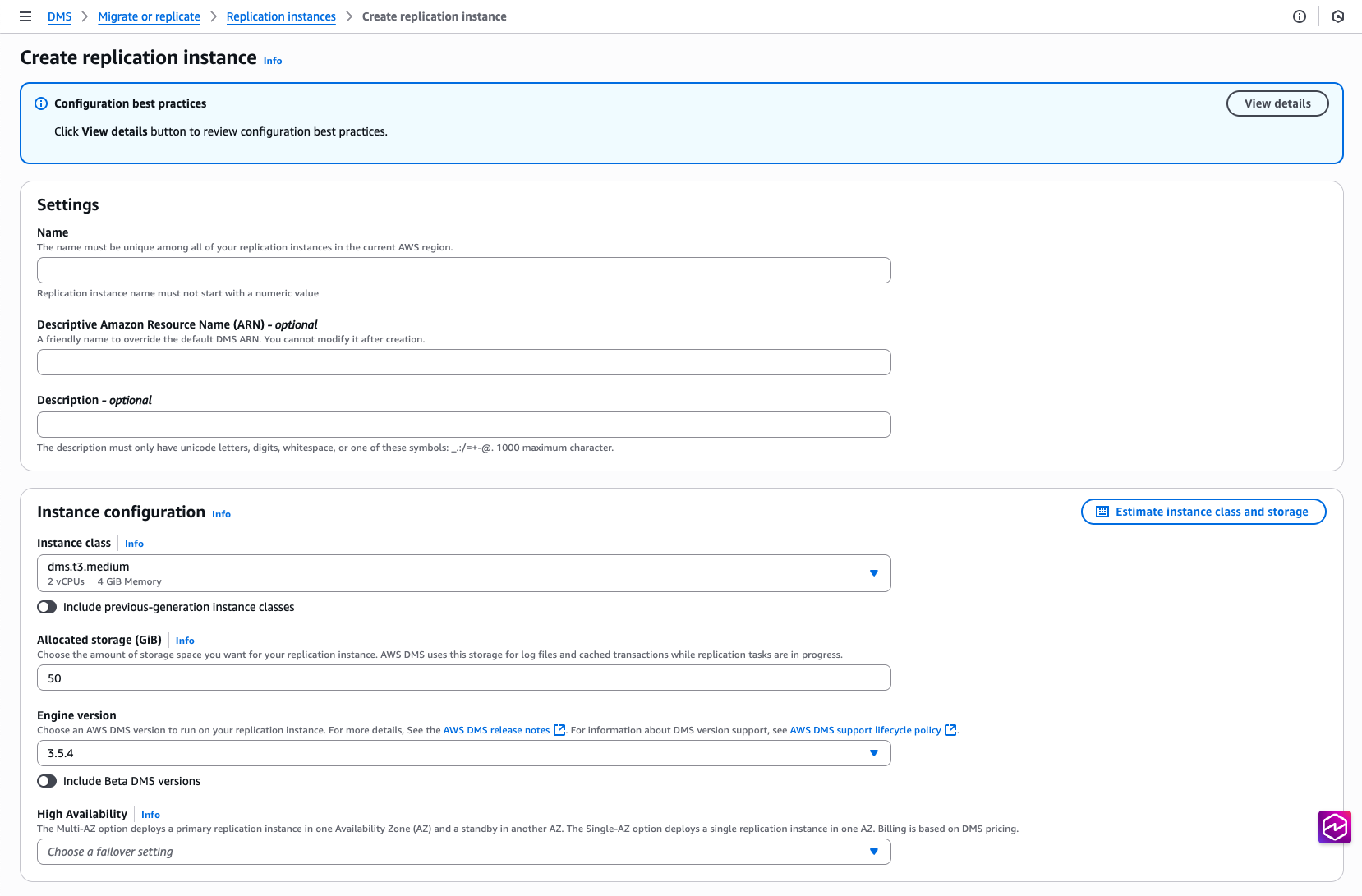 Create replication instance