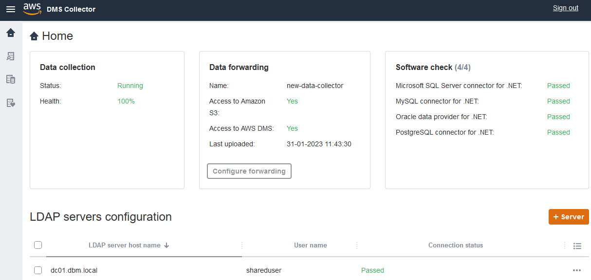 AWS DMS data collector home page.