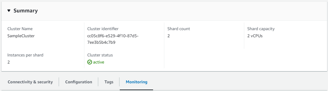 Elastic cluster summary information shown in the Monitoring tab.