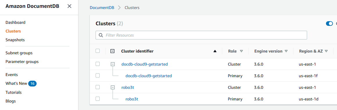 List of clusters and instances on the Clusters page in the Amazon DocumentDB console.