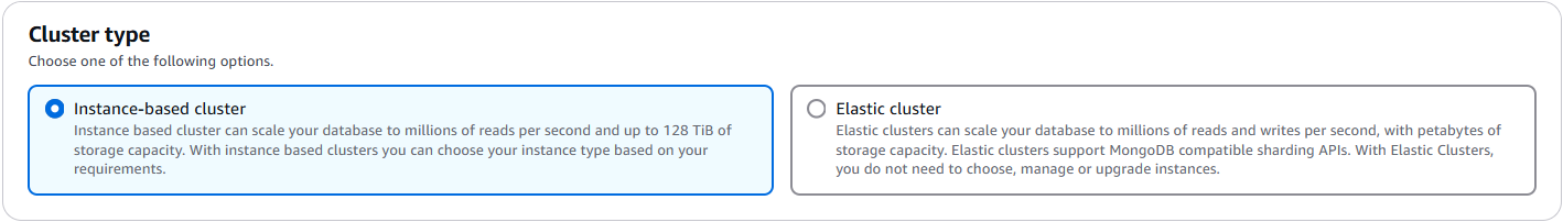 Cluster type selection with Instance Based Cluster option highlighted and both cluster types described.