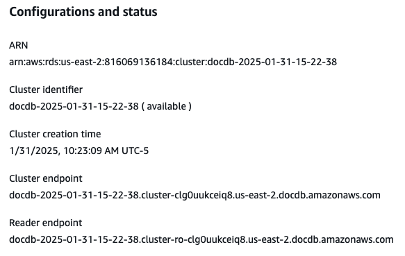 Configurations and status section showing the cluster and reader endpoints.