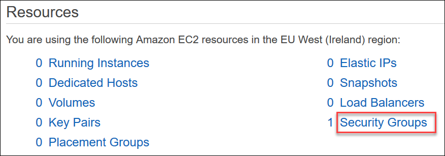 Image: Resources list highlighting the Security Groups link option.