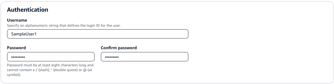 Authentication section that includes input fields for username and password.