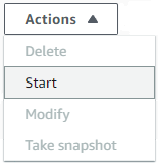 The Actions dropdown list with the Start option selected.