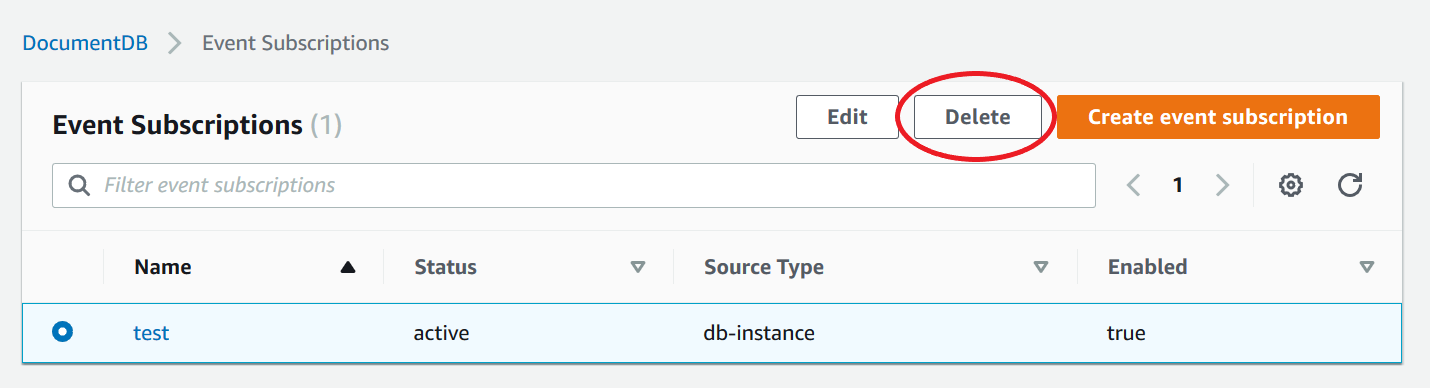 The Event subscriptions pane highlighting the Delete button.