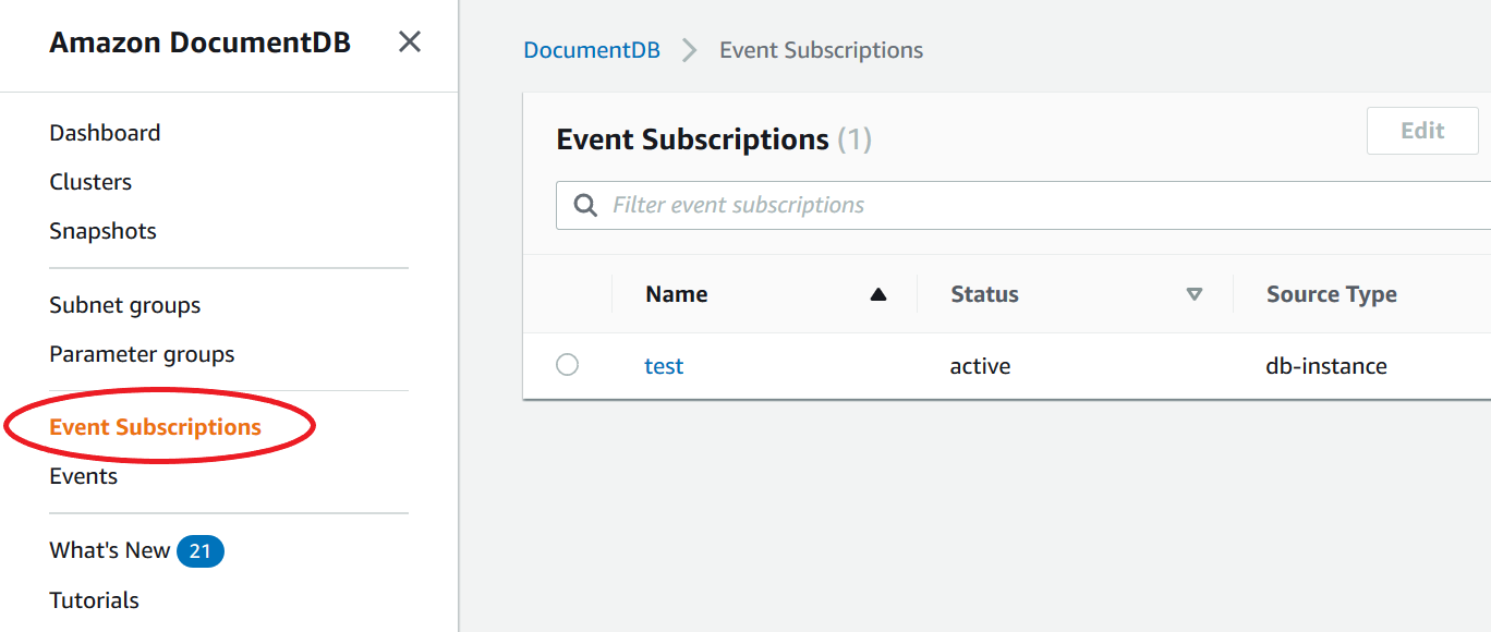 Amazon DocumentDB console navigation pane with Event Subscriptions option highlighted.