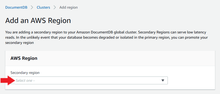 Choose a secondary region using the dropdown menu on the Add an AWS Region form.