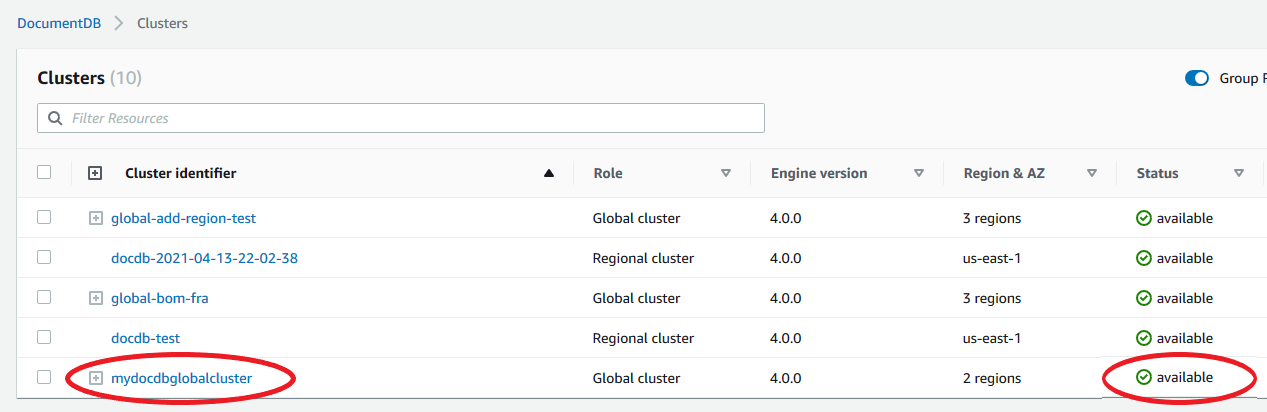 List of regional and global clusters showing available status, with mydocdbglobalcluster highlighted.