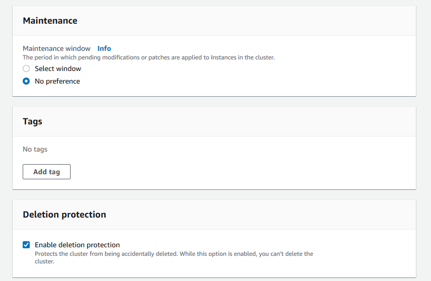 Maintenance, Tags, and Deletion protection forms with default options selected.