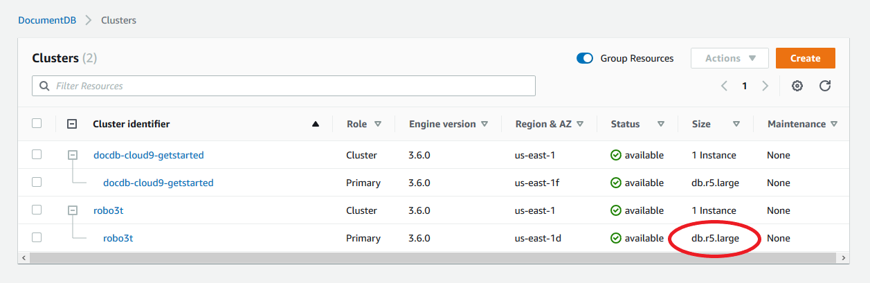 List of instances in the Clusters table with the Size column showing the instance type.