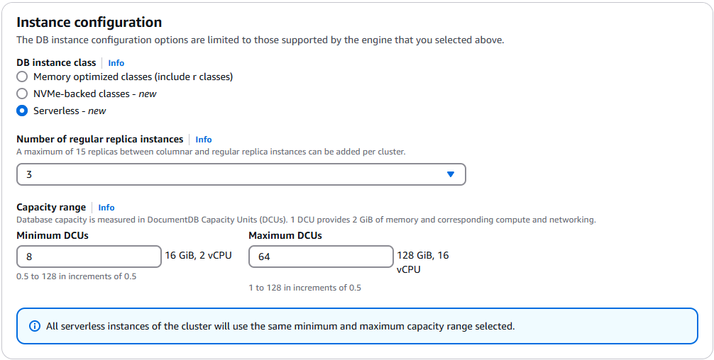 Configuration form for a serverless database cluster with fields for instance class, replica instances and capacity range.