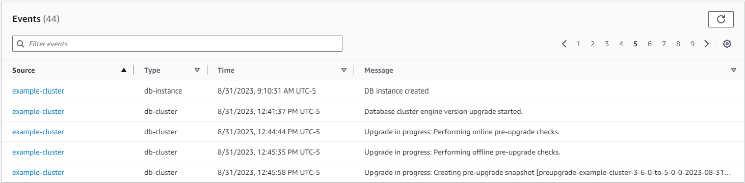 Image: the Events navigation box showing a table of upgrade events.