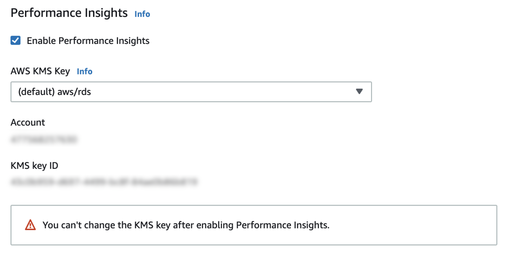 The Performance Insights section with Enable Performance Insights selected.