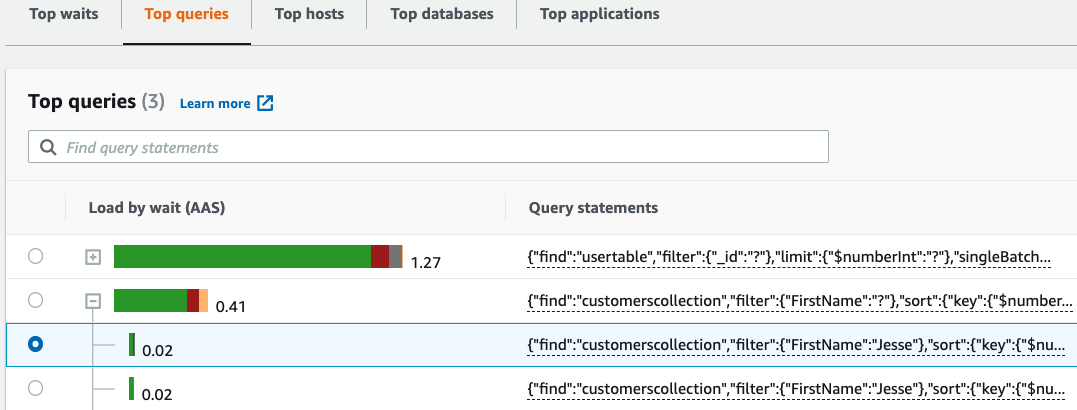 The Top queries table showing an expanded query digest with one child query selected.