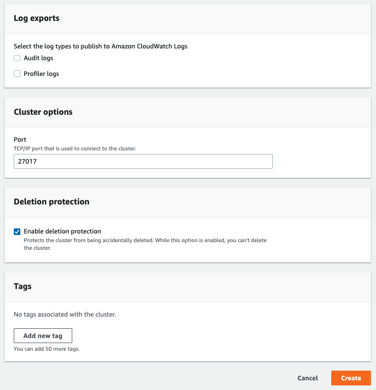 Complete the new clone configuration by optionally selecting the type of logs to export, a specific port used to connect to the cluster, and protection form accidentally deleting the cluster.