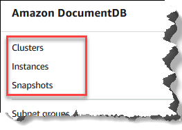 Clusters, instances, and snapshots in the navigation pane.