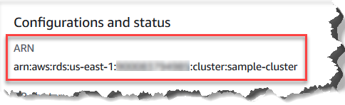 Console screenshot showing an ARN in the configurations and status section of the details pane.