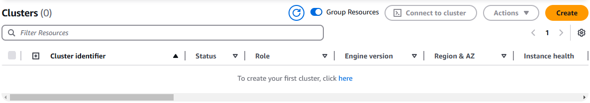 Empty Clusters dashboard with options to create a new cluster and manage resources.