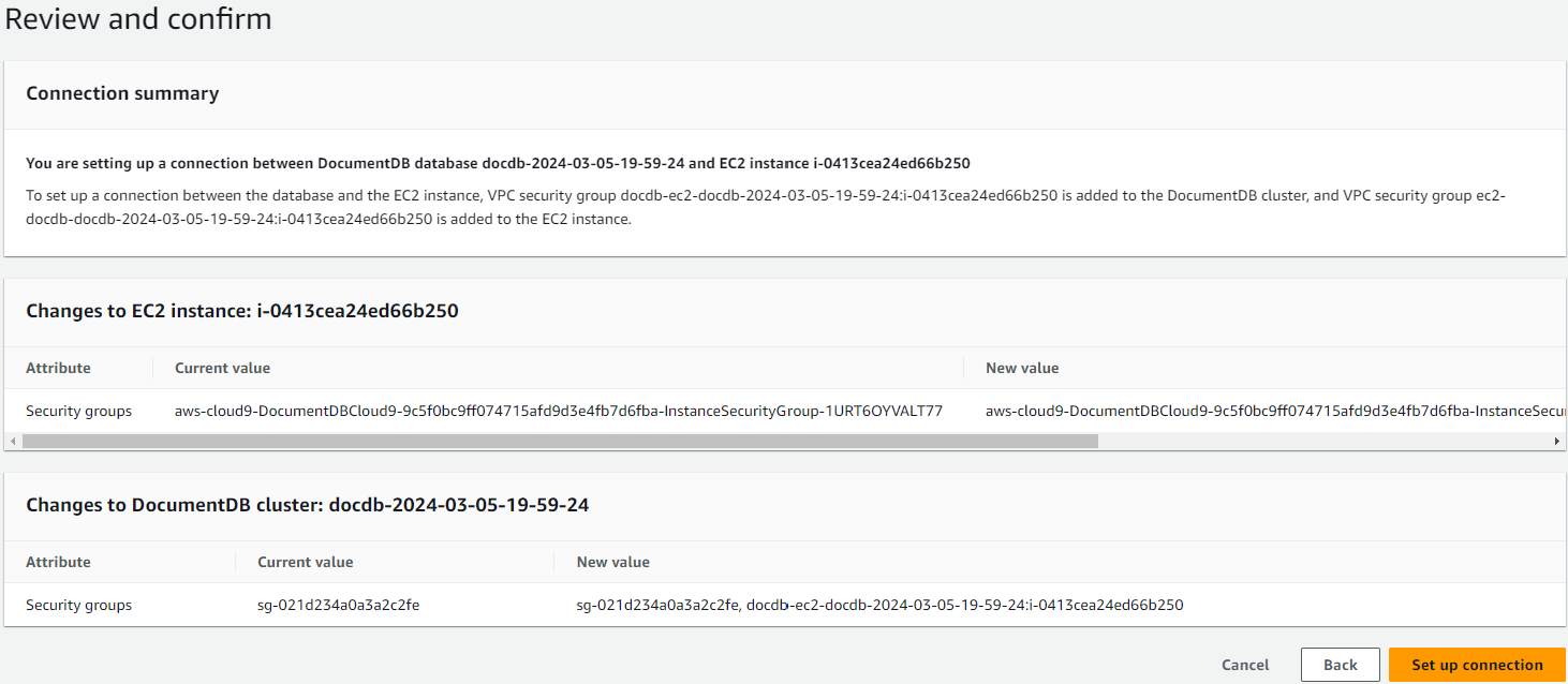 The Review and confirm interface showing summary of changes. The Set up connection button is in the lower-right corner.