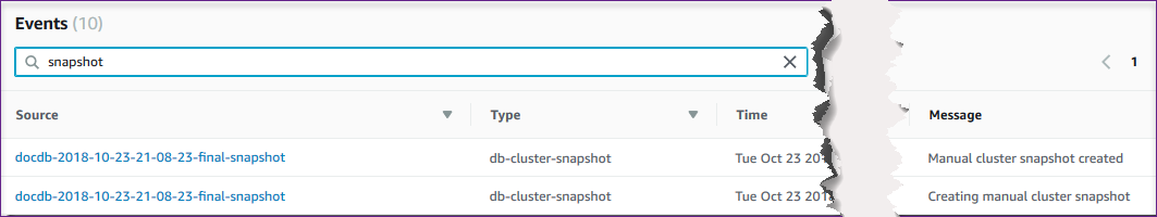 Screenshot of the events section showing filtering events for snapshots.
