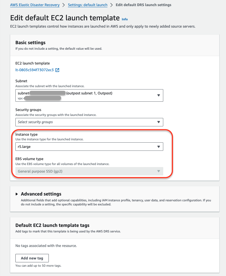 Instance type and EBS volume type fields highlighted in the EC2 launch template settings.