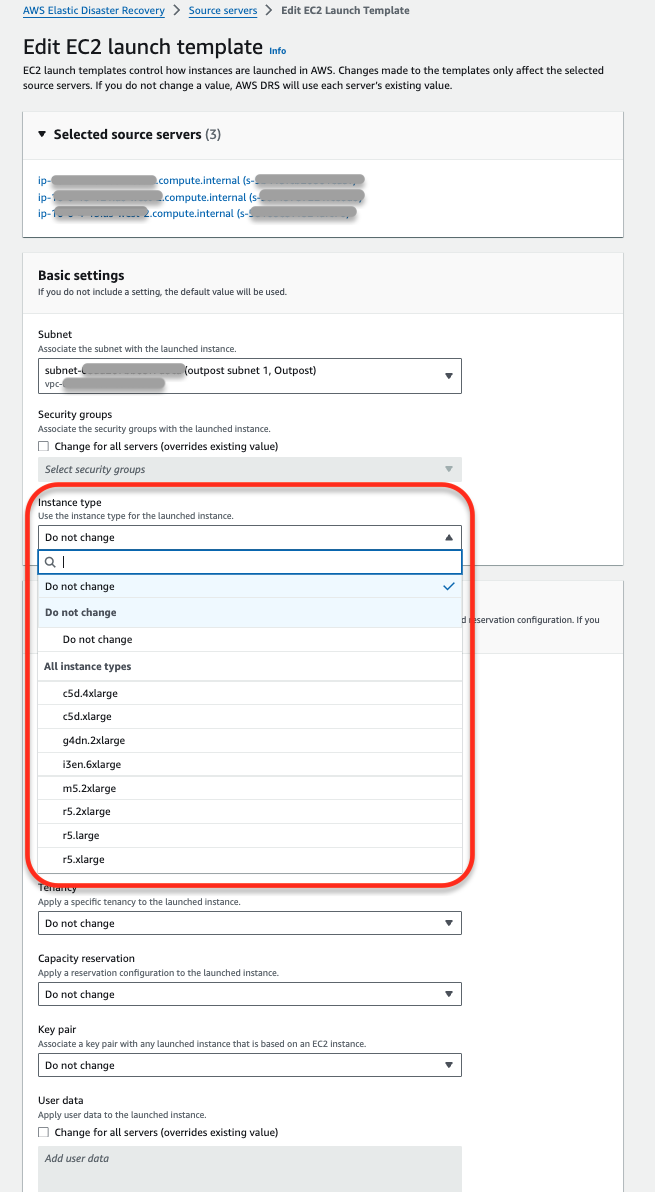 Instance type dropdown menu expanded showing options such as c5d.4xlarge and r5.large.