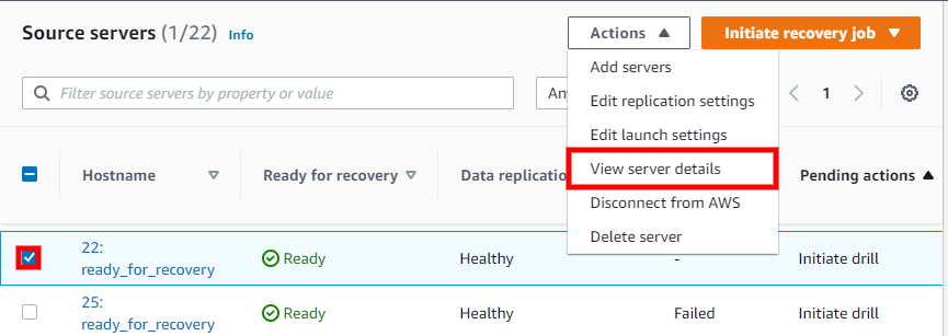 Actions menu with View server details option highlighted.