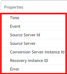 Properties panel showing filter options such as Time, Event, Source Server Id, and Error.