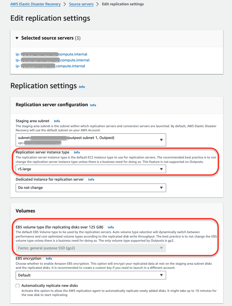 Replication server instance type dropdown showing r5.large selected.