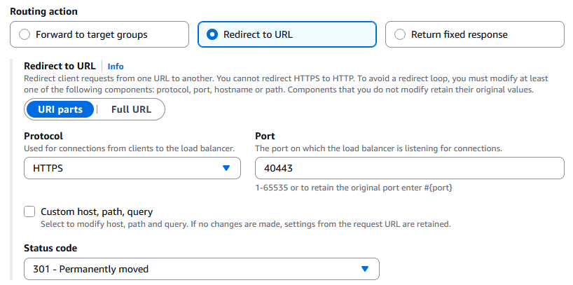 A rule that redirects the request to a URL that uses the HTTPS protocol and the specified port (40443), but retains the original domain, path, and query parameters of the original URL.