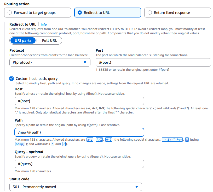 A rule that redirects the request to a URL that retains the original protocol, port, hostname, and query parameters, and uses the #{path} keyword to create a modified path.