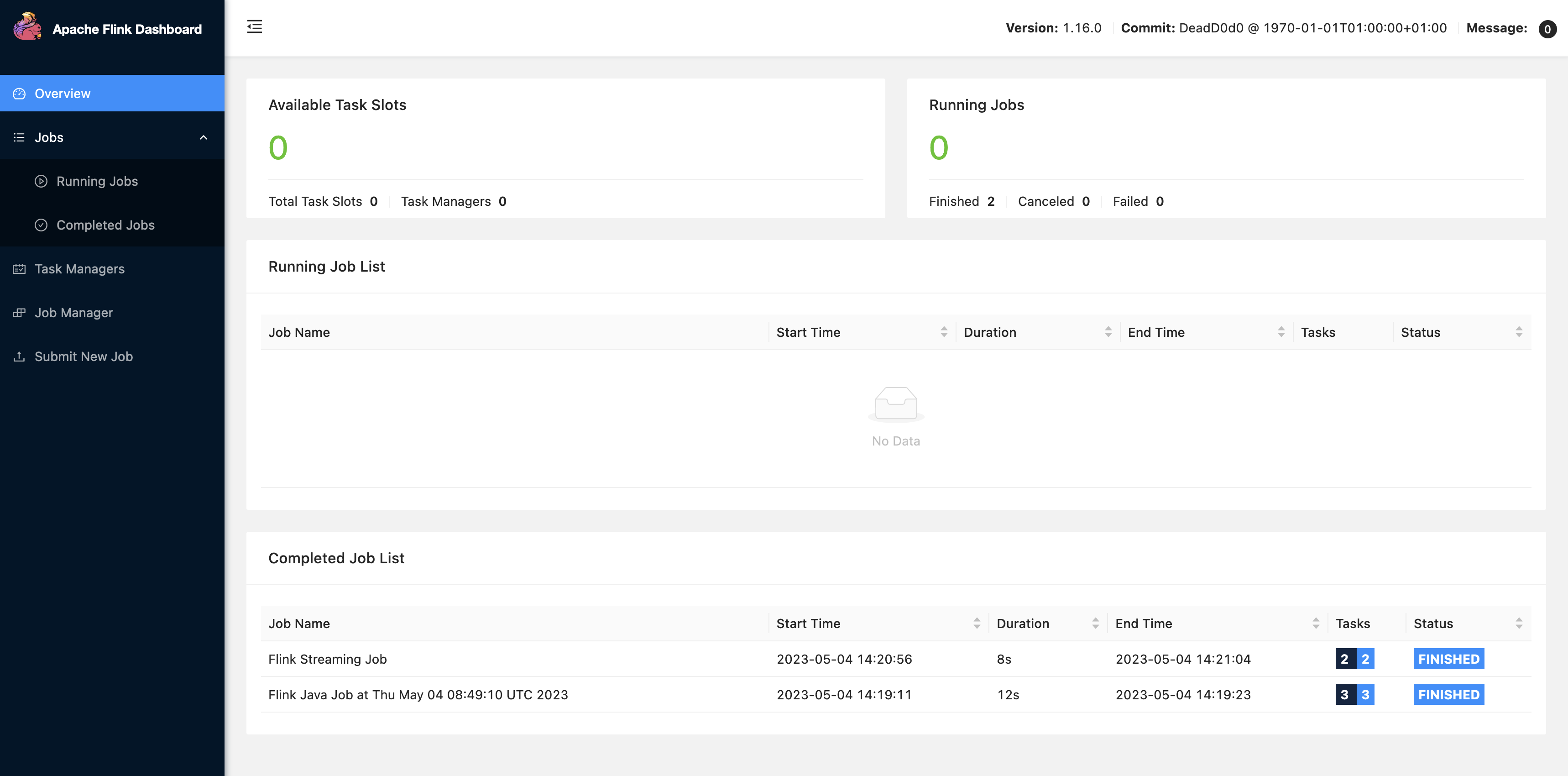 Choosing FLINK JOB opens the Flink Web Console in another tab of your browser.