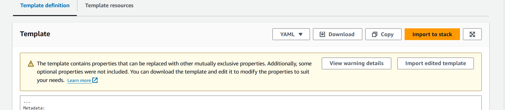 IaC generator console warning about write-only properties in generated template