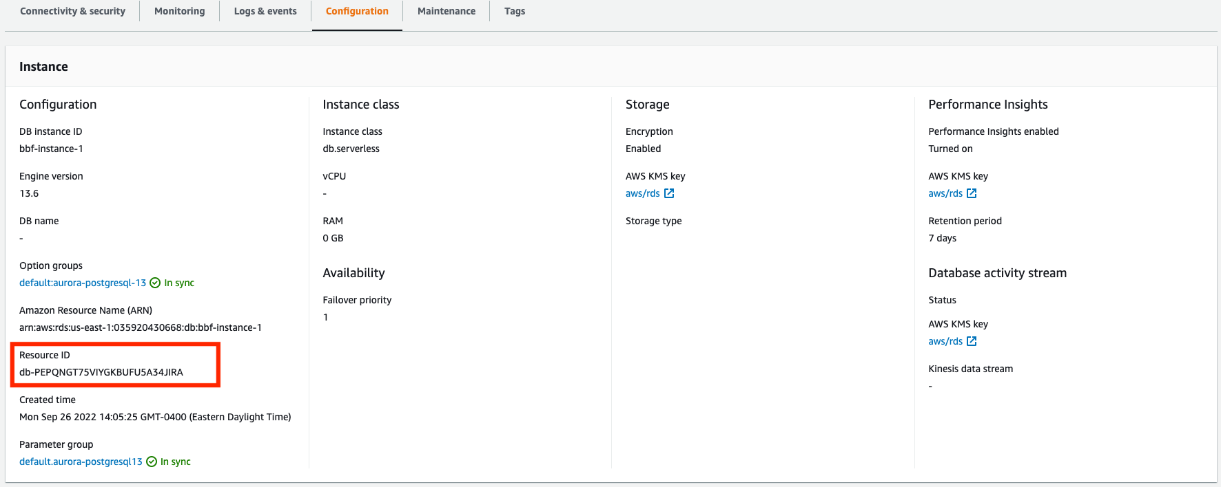 Resource ID in the Configuration tab of your Aurora console.