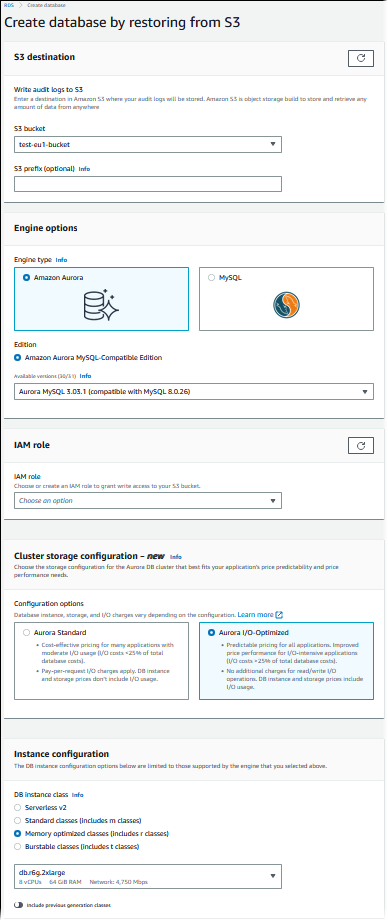 The page where you specify the details for restoring a DB cluster from S3