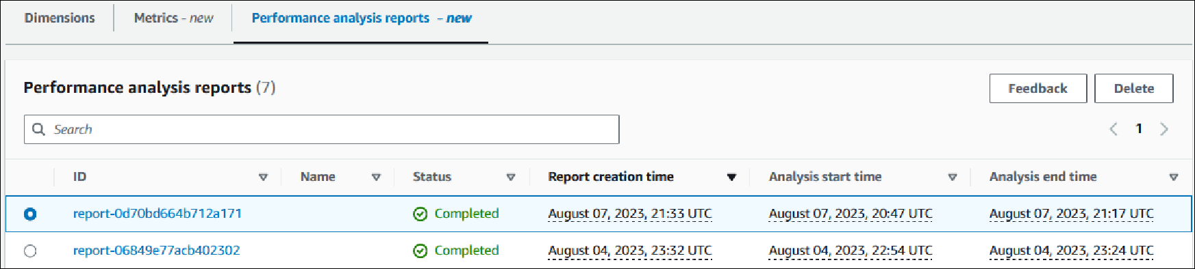 Performance Insights dashboard to delete with a report selected for deletion