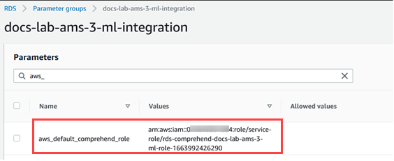 Adding the ARN of the IAM role to the Aurora MySQL's custom DB cluster parameter group.