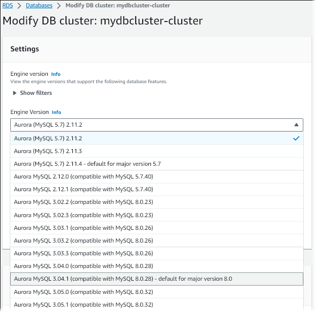 In-place upgrade of an Aurora MySQL DB cluster from version 2 to version 3