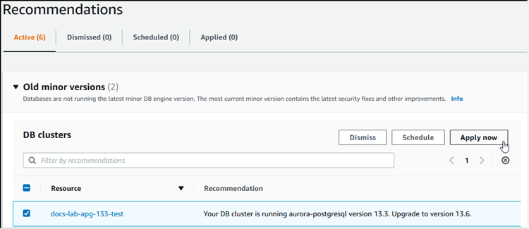 Console image showing Recommendation to upgrade to a newer minor version.