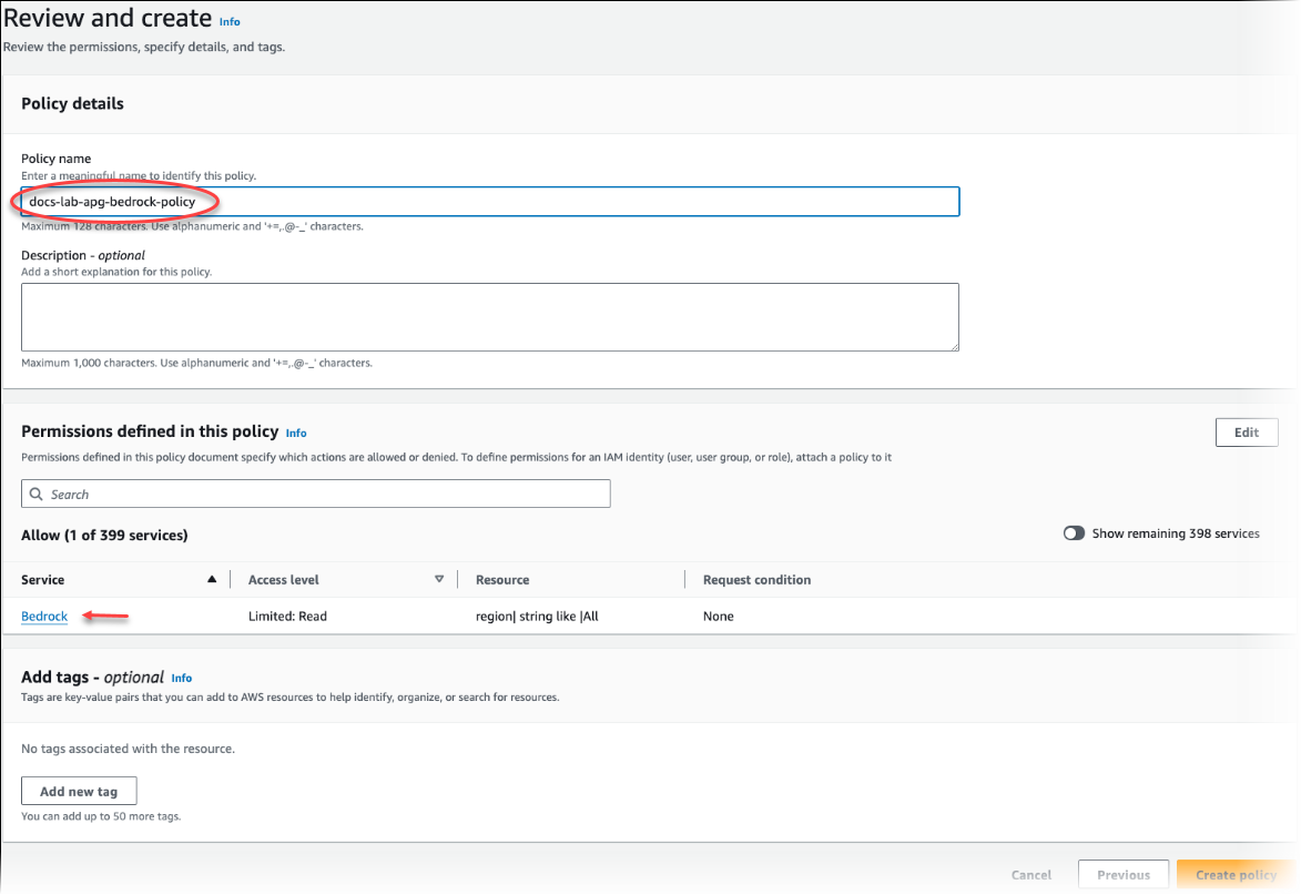 Creating the policy for the IAM role to use for Amazon Bedrock.