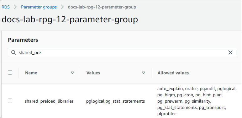 Image of the shared_preload_libraries parameter with pglogical added.