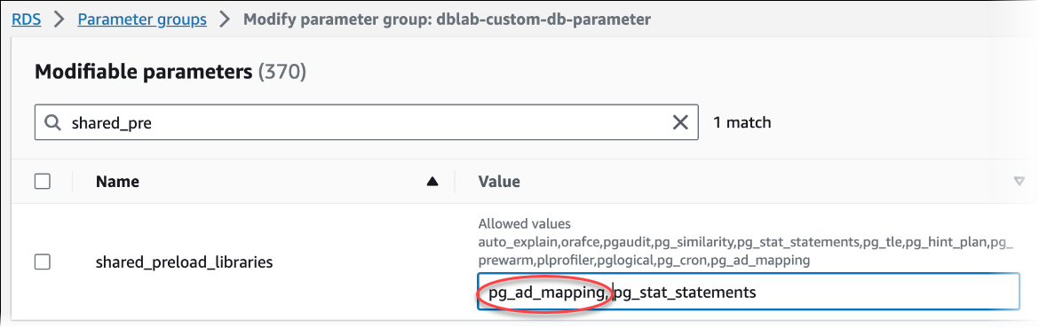 Image of the shared_preload_libaries parameter with pgAudit added.