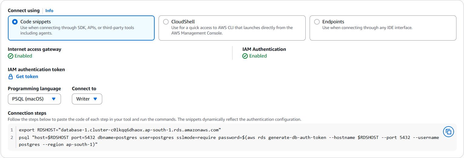 The connection steps modal showing the PSQL code snippet.