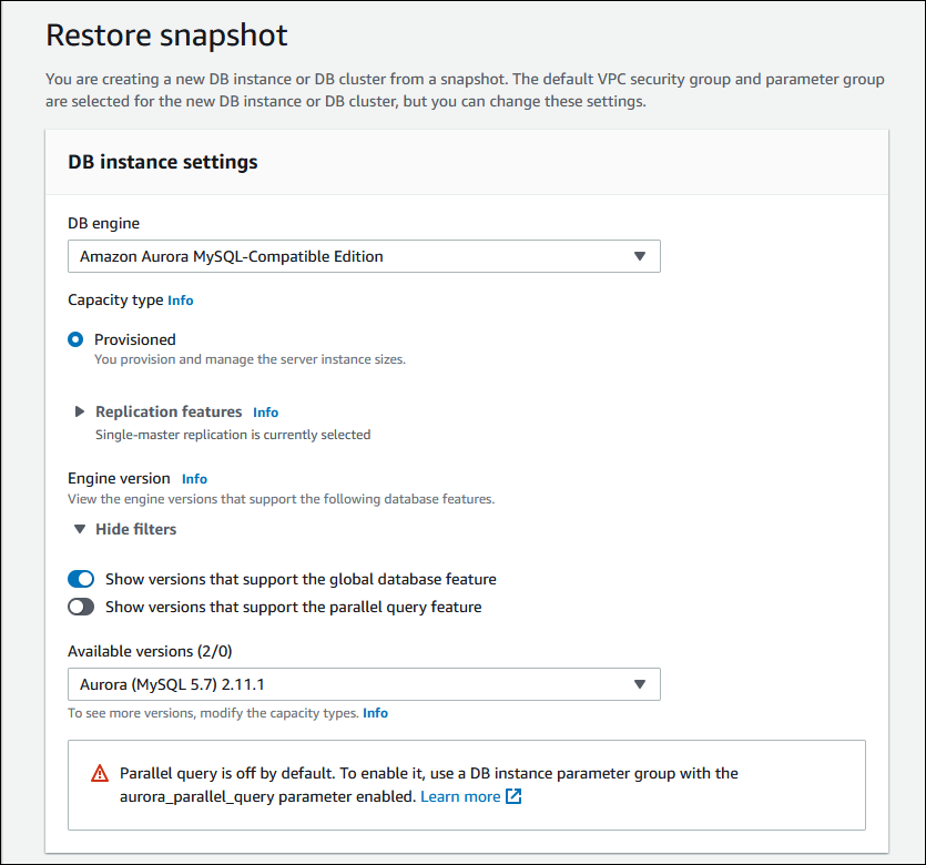 Screenshot showing the restore snapshot page for an Aurora global database.