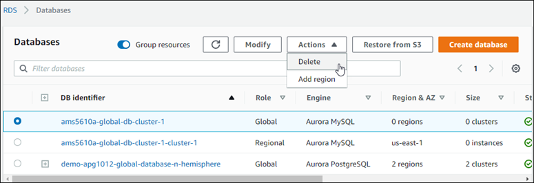 An Aurora global database based on Aurora MySQL 5.6.10a remains in the AWS Management Console until you delete it, even if it doesn't have any associated Aurora DB clusters.