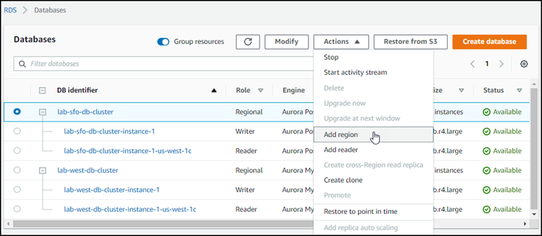 Screenshot showing provisioned DB cluster with "Add AWS Region" chosen from the Actions menu.